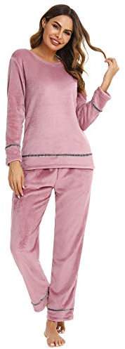 Sykooria Pigiama Donna Felpato Invernale Caldo Morbido Pigiami Due Pezzi da Donna di Pile Casa Set Lunghi Sleepwear Pantaloni Nightwear con Tasca Rosa L