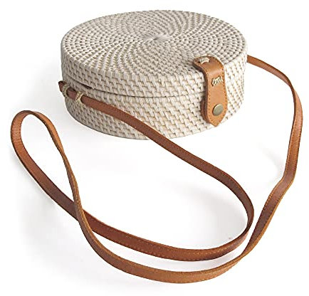 Schu’zz - Sac en Rotin pour Femme - Sac à Main Plat en Bandouillère, Lanière en Cuir Véritable - Fabrication 100% Artisanale à Bali - 20 x 20 x 7 cm