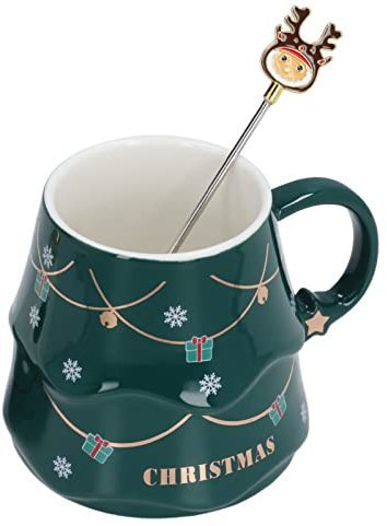 Tasse à café mignonne, tasse d'arbre de Noël Tasses en céramique de café Tasse de matin isolée à double paroi Tasse de Noël avec couvercle de cuillère pour thé au lait(Vert)