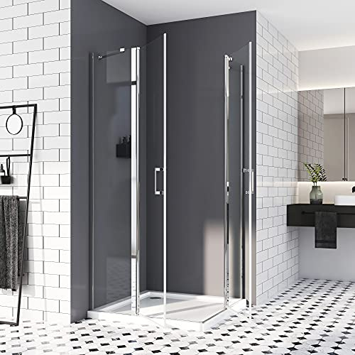 Duschkabine 80x80, Eckeinstieg Falttür drehtür Schwingtür mit fester Segment Duschtür 6mm ESG Sicherheitsglas Nano-Beschichtung 185cm