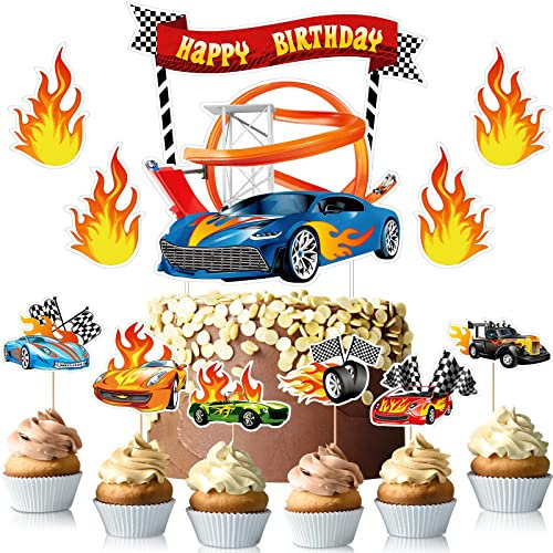 48 Pieces Party Supplies for Hot Car Cake Topper Happy Birthday Cupcake Toppers Race Car Cake Decoration Checkered Flag Fire Car Theme Birthday Supplies for Boys Girls Game Party Favors
