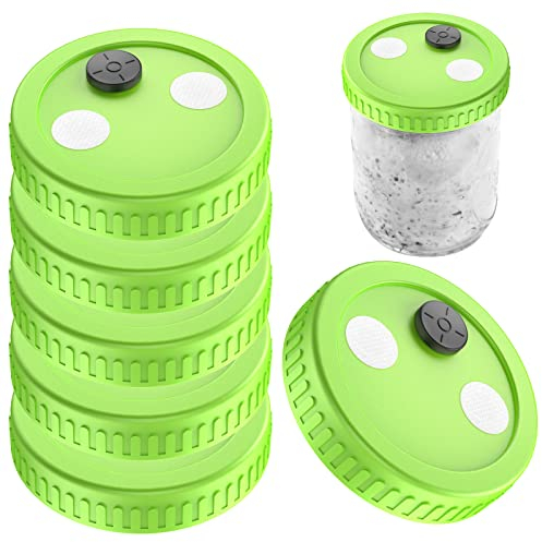 6 Stück breite Öffnung, Flüssigkulturdeckel, lebensmittelechter Kunststoff, Gärglas-Deckel mit 0,22 um PTFE-Synthetik-Filterpapier-Aufkleber und 20 mm Gummistopfen, Pilzzucht-Set