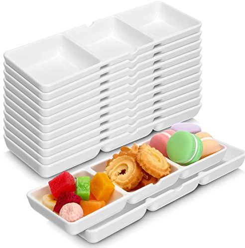 Eaasty 24 Pcs 24 Pcs 8.7 x 2.8 Inch 3 Compartment Appetizer Serving Tray Plastic 3 Section Dessert Platters Rectangular Divided Plate White Compartment Serving Dishes Dipping Sauces Dinner Kitchen
