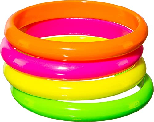 Kassettenkind Armreifen in Neonfarben - 4x Armband Neon Orange Pink Gelb Grün - 80er 90er Jahre Mottoparty Kostüm Outfit Zubehör & Accessoires