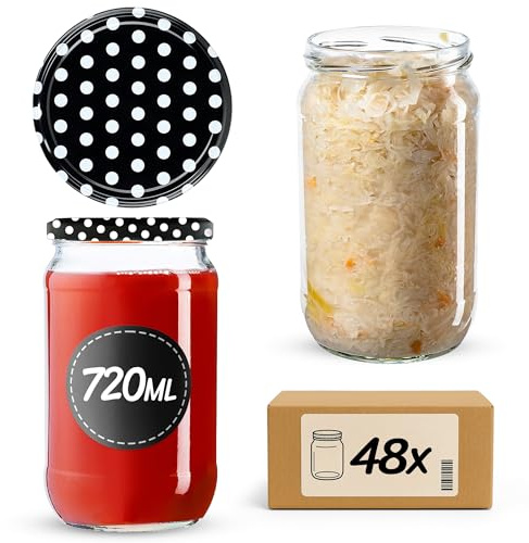 KADAX 48er Set Einmachgläser 720ml TO82 Schwarz gepunktet, Große Sturzgläser mit Schraubdeckel, Einkochgläser Fermentierglas für Gurken, Gemüse, Sauerteig