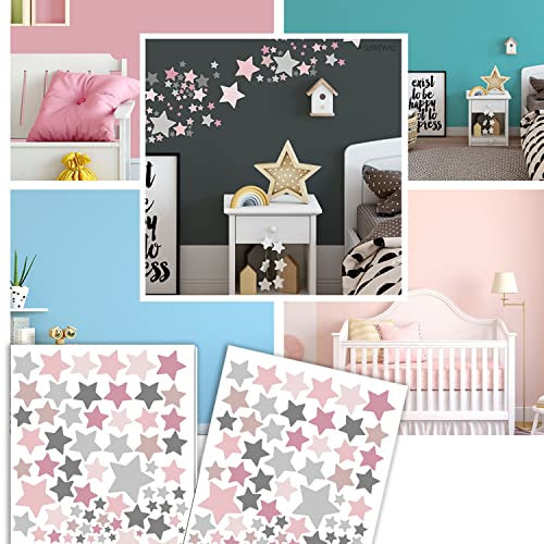 Sunnywall Sterne Aufkleber Stars Wandtattoo selbstklebende Wandsticker in verschiedenen Farben | Baby Sternenhimmel oder magisches Kinderzimmer (Rosa Grau)