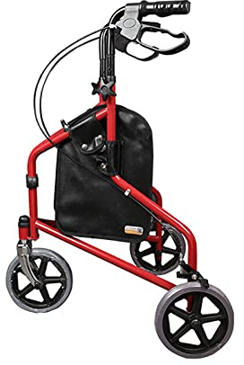 Rollatoren mit Sitzen und großen Rädern, Leichter Faltbarer 3-Rad-Tri-Walker aus Aluminium mit feststellbaren Bremsen und Tragetasche, für ältere und behinderte Benutzer (rot) (rot