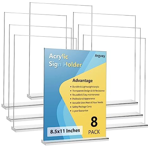 8 Stück Acryl-Schilderhalter, 21,6 x 28,9 cm, vertikal, transparent, T-Form, Tisch-Menü-Präsentationsständer, multifunktional, Kunststoff, doppelseitig, Papier-Bilderrahmen, Flyer-Dokumentenhalter zum