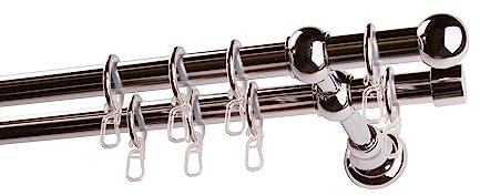 Garesa Gardinenstange Andrea Ø 20mm, 2-läufig, Chrom I Stabile Vorhangstange inkl. Ringe + Faltenlegehaken I Mit Endknopf Kugel kurz I 250cm