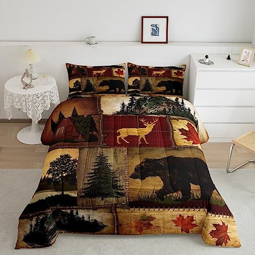 Rustikales Bauernhaus-Bettwäsche-Set, Queen-Size, Retro-Kabine, Lodge, Daunen, Jagdbär, Hirsch, Bettdecken-Set, Landhaus-Ahornblätter, Bettbezug, rustikale Waldkiefer-Steppdecke, Rotbraun