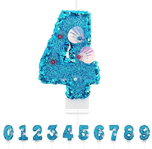 Geburtstagskerzen Zahlen 4,3D Meerjungfrau Geburtstagskerzen,Blau Kerzen Geburtstag Zahl 4, Kuchen Topper Dekoration Kuchendeko Geburtstag, Geburtstagskerzen für Geburtstagsdeko