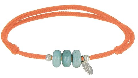 LES POULETTES BIJOUX - Bracciale Filo Arancione 3 Anelli di Larimar e Due Perle Argento