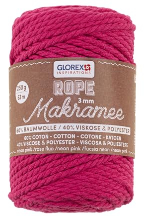 GLOREX 5 1007 36 - Makramee Rope 3 mm, 250 g, Neon Pink, Länge 63 m, gedreht, superweiches Textilgarn aus 60 % Baumwolle, 40 % Viskose, zum Häkeln, Stricken, Knüpfen und textilen Gestalten