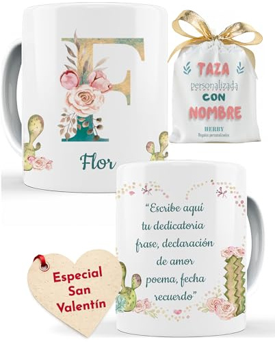 Taza personalizada con nombre inicial y texto personalizado regalo para mujer san valentin día de la madre maestra profesora todas las letras de ceramica original 325 ml (F)