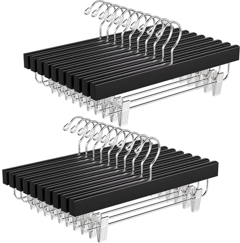 BAGAIL 20 Pack Wooden Pants Hangers with Adjustable Clips, 360°Swivel Hook Space Saving Skirt Holders with Anti-Rust Clips for Trousers, Jeans, Shorts (Black)