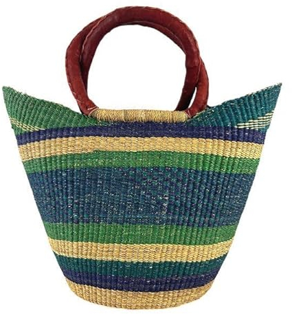 Bolga Tasche XXL - Das Original aus Ghana - Bunt - Fair Trade - Oval - Viele Farben - Afrikanische Korbtasche mit Ledergriff - Flechttasche 40-45 cm - Einkaustasche mit Wunschdesign (Taifa)