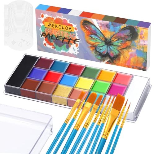 JAMATA Kit Truccabimbi 20 Colori,Set Pittura Viso e Corpo Professionale,Sicuro e Non Tossico,con 32 Stencil e 10 Pennelli,Ideale per Halloween,Carnevale,Feste e Cosplay,Palette di Bellezza Lavabile