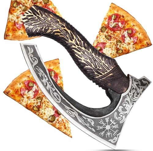 CraftTal Handgefertigte Pizza-Wikinger-Axt-Klinge aus Kohlenstoffstahl mit Eichenholz griff, Pizza-Schneideaxt Wikinger Deko - Wikinger Axt, Pizza Wiegemesser, Wikinger Messer, Beil
