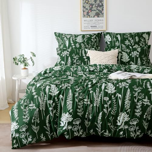 TOCOMOA Bettwäsche 155x220 Grün, Weiß Blumen und Blatt Bettwäsche-Set mit Reißverschluss, Oeko-TEX Zertifiziert, 1 Bettbezug 155x220 cm und 1 Kissenbezug 80x80 cm