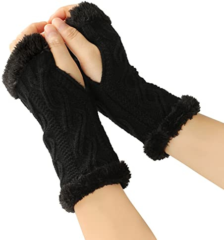 1 Paar Damen Fingerlose Handschuhe,Winter Warmhalten Armstulpen Gestrickte Kurzhandschuhe Halbe Fingerhandschuhe mit Fleece Futter,Strickhandschuhe Armhandschuhe für Outdoor Aktivitäten,Schwarz