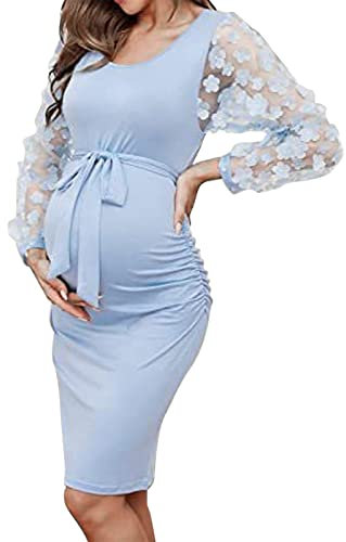 Robe Grossesse Chic Et Elegant Shooting Photo Manche Longue Dentelle Col Rond Fleur Robe Enceinte Pas Cher Volants Maxi Robe Maternité Fête Soirée Mariage Cérémonie (Blue, XL)
