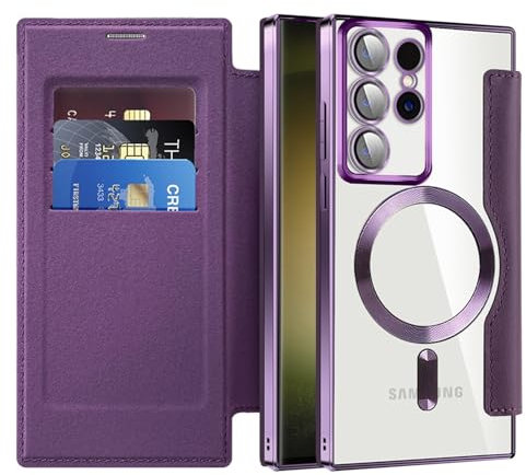 Emlivi Magnetisch Hülle für Samsung Galaxy S22 Ultra, 2-IN-1 Clear Magnet Klapphülle Kabelloses Laden [Kartenfach] Handyhülle Premium Leder Klappbare Flip Case Stoßfeste Schutzhülle, Lila