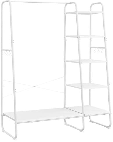VASAGLE Kleiderständer, Garderobenständer, 45 x 120 x 160 cm Garderobe, Kleiderstange, Schuhablage, offener Kleiderschrank, 6 Haken abnehmbar, Schlafzimmer Flur, wolkenweiß-mattweiß RGR116W02