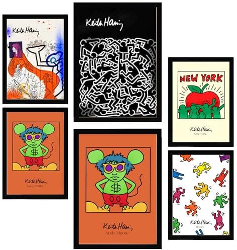 Nacnic 6er-Set Ikonische Keith-Haring-Pop-Art Gerahmtes Poster mit Design-Illustrationen zur Dekoration der Wände Zuhause A3 & A4 Schwarzer Rahmen