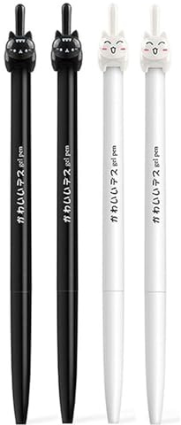 BAMINX 4 Stück Einziehbare Aesthetic Stifte, Katze Gel Stift, Cartoon niedliches 0.38 mm Gelschreiber, Geschenk Gelschreiber Schwarze Katze Weiße Katze