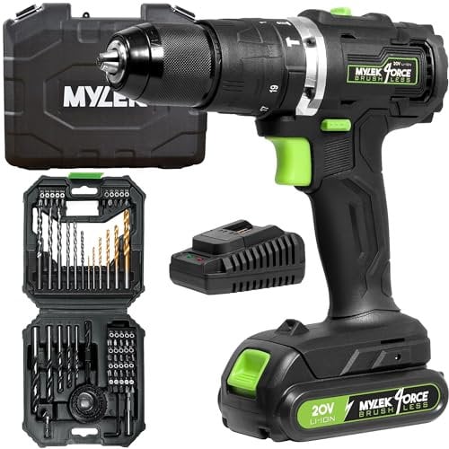 Mylek Cordless Drill 20V Brushless Driver Impact Hammer Action Combi, 2.0Ah Battery and Fast Charger, 50Nm, Screwdriver, 19+3 Torque, Variable Speed, Metal Chuck, Case with Accessory Kit (56 Piece)