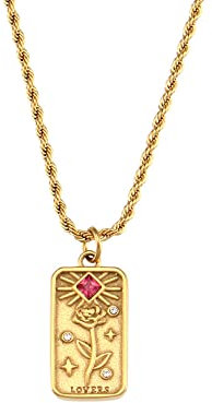 Tarot Cards Pendant Necklace for Women Girls 18K Gold Plated Rope Chain Necklace Ruby Red CZ Birthstone Elegant Rose Flower Rectangle Square Pendant Necklaces Lucky Jewelry for Lovers
