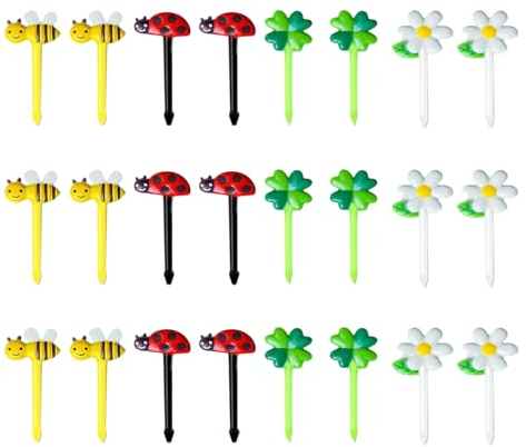 24 Stück Piekser Fingerfood Kinder,Pieksi Griffel,Bento Zubehör,Obstgabeln Brotdosen,Spieße Brotbox,Niedliche Cartoon Zahnstocher,Sonnenblume Marienkäfer Food Picks für Desserts Obst Mittagessen Party