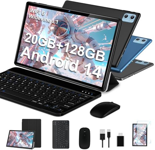 Suaat - Tablet de 10 pulgadas, Android 14, tableta con 20 GB RAM 128 GB ROM 5G+2.4G WiFi, WiFi 6, Octa-Core, Widevine L1, GMS Certified Bluetooth 5.0, tableta táctil con teclado, ratón | funda – Negro