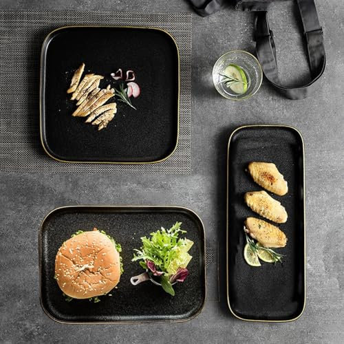 Generico Set di Stoviglie in Porcellana Fine con Bordo Oro Nero Opaco 3 Pezzi Piatti Moderni