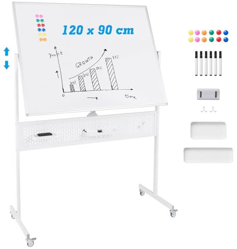 COSTWAY Tableau Blanc Effacable sur Pied 120 x 90 cm, Double Face, Tableau Blanc Roulette, 2 Hauteur Réglables, Cadre en Métal, Panneau Perforé, 12 Aimants, Grand Tableau Blanc Magnetique (Blanc)