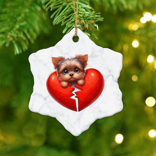 Weihnachtskugel mit rotem Herz, Yorkshire Terrier, Keramik-Schneeflocke für Weihnachtsbaum, Dekoration, Anhänger, Kugel, Haustier, Hund, Andenken, Winter-Andenken, Neujahrssouvenir