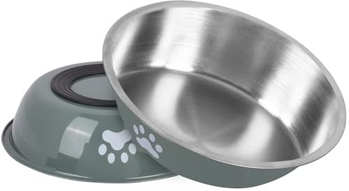 Stainless Steel Cat Bowls 2 pack, Whisker Friendly Shallow Cat Dishes for Food and Water, Non-Slip Silicone Bottom, Heavy Duty, Replacement Kitten Metal Plate for Elevated Stands (Deep Green)