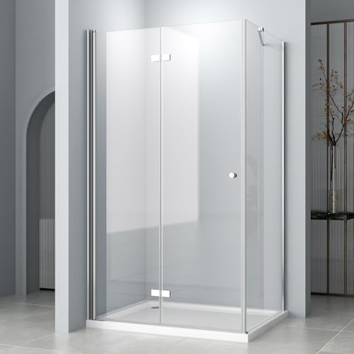 Duschkabine Falttür mit Seitenwand 100x75x185cm Eckeinstieg Duschabtrennung, beide Seiten faltbar Duschwand mit 6mm Nano ESG Glas, Silber Drehfalttür mit festem Seitenteil