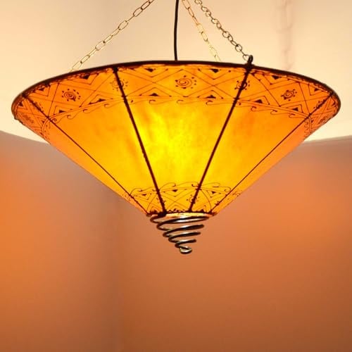 Orientalische Lampe Pendelleuchte Hängeleuchte Kegel Orange 50x45 cm (DxH) Marokkanische Hennalampe Lederlampe Hängend über den Tisch Deckenlampe Lederleuchte Leuchte mit Henna ECHTEM Leder 210225