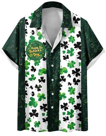Bhnyku St. Patrick's Day Hawaiihemd Herren Knöpfe Revers Oberteile Modisches Kleeblatt Bedruck Kurzarmshirt Irischen Grünem Hut Schlank Strandhemd Irish Festivalkostüm Sommershirts für Männer