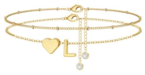 TINGN Fußkettchen für Damen, 14K Gold Vergoldet Herz Buchstaben Fußkettchen Kinder Mädchen Fussketten für Frauen Wasserfest Sommer Strand Fußschmuck Mehrreihige Fußkette Geschenke für Frauen Freundin