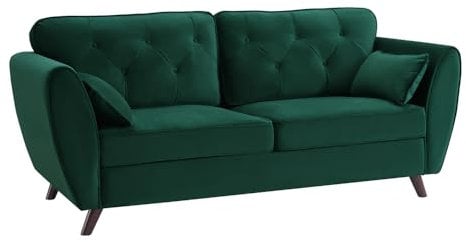 Home Detail Fabric Sofa as 2 Seater Sofa and 3 Seater Sofa Size, Linen or Velvet Couch with Matching Cushions & Wooden Legs (Green Velvet, 3 Seater)