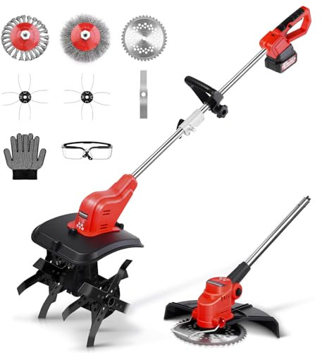 2-IN-1 Akku Bodenhacke mit Li-Ion Akku 21V, Bodenhacke & Rasentrimmer Set, Inkl. Metallmesser, Kreissägeblatt, Akku & Ladegerät, Drahtschneideseil, Drahtrolle, Drahtbürste, Schutzbrille