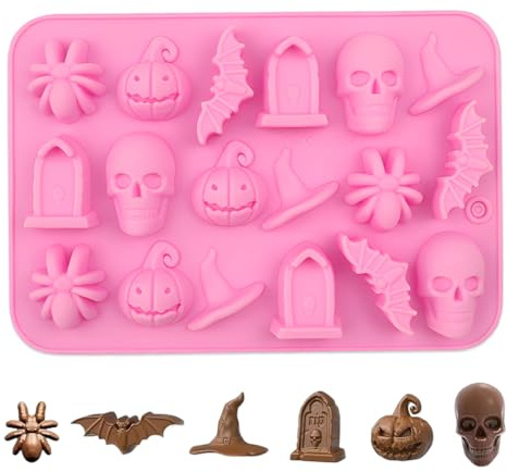 BCHKO 1 Molde de Silicona para Halloween, Forma DIY para Hornear Dulces y Galletas, Araña, Murciélago, Lápida, Calavera, Cabeza de Calabaza, Sombrero de Bruja, etc., Ideal Fiestas de Halloween