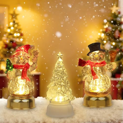 Synther Tabletop Christmas Decorations Christmas Snowman Glitter Lantern 3pcs, LED Acrylic Xmas Lamp Lighted Acrylic Christmas Tree Ice Crystal Led Xmas Lights for Home Study Bedroom Office Desk