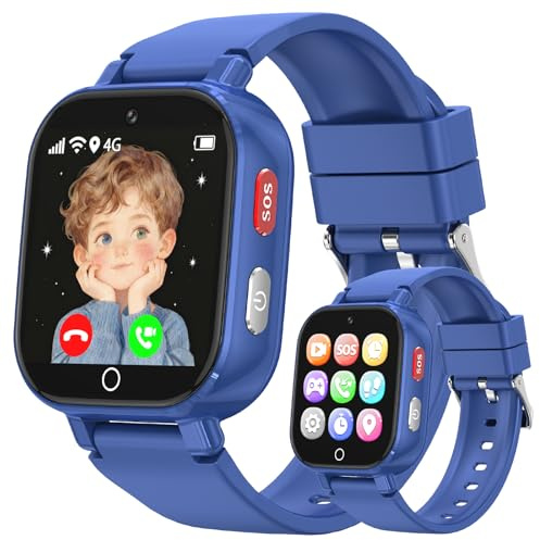 4G Smartwatch Kinder GPS, Kinderuhr mit 4G Videoanruf Voice Chat Schulmodus WiFi SOS Spiele Wecker Stoppuhr Schrittzähler Taschenrechner, Telefon Uhr für Mädchen Jungen 4-12 Jahren Geschenk, Blau