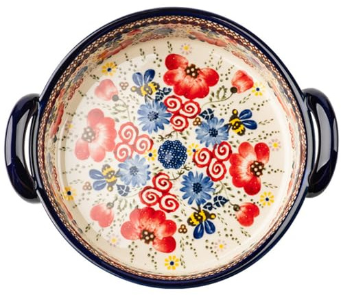 Pirofila 950 ml Pirofila Rotonda in Ceramica Resistente al Calore con Doppi Manici Casseruola Lavabile Antiscivolo con Stampa Floreale Vintage per Forno