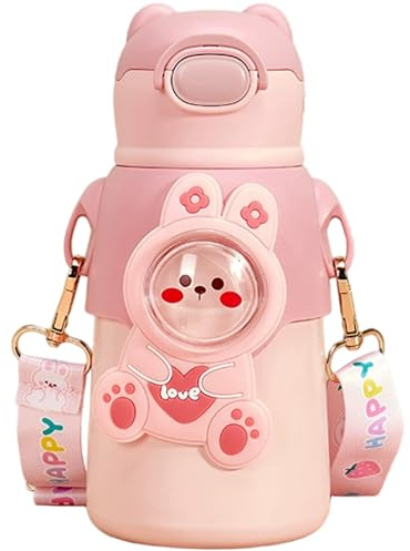 Jorzer Kawaii - Borraccia da 500 ml, con cannuccia e cinghia, per studentesse e bambini, motivo: cartone animato, grande coppa per la pancia per la scuola e lo sport