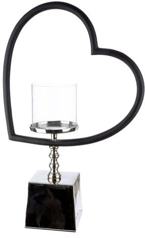 GILDE Windlicht Te Quiero - Herzform - Aluminium und Glas - glänzend vernickelt - schwarz/silberfarben - Höhe 49cm x Breite 33cm