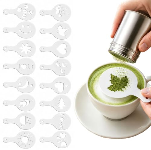 Chocolate Shaker Stainless Steel Duster Dredges Cans Coffee Sprinkles Powder Set Cocoa Cinnamon Powder Can with 16 Coffee Molds Stencils for Kitchen Baking Cooking Cappuccino Coffee Latte Coffee